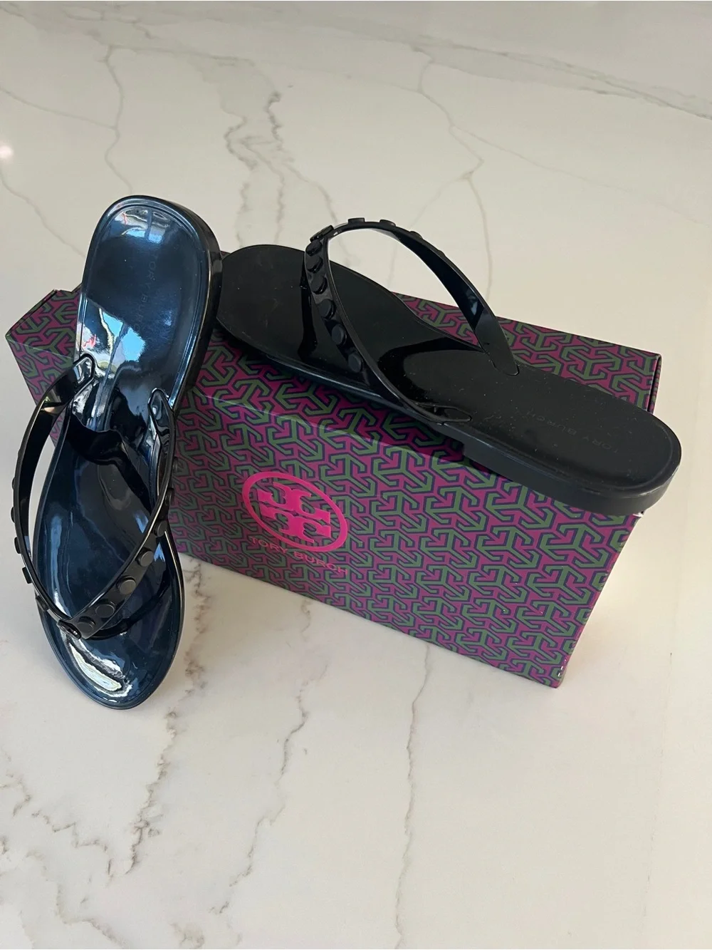 Tory Burch Black Patent Studded Jelly Flip Flops